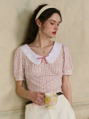 Madalyn Doll Collar Floral Bow Stripe Puff Sleeves Fit Top