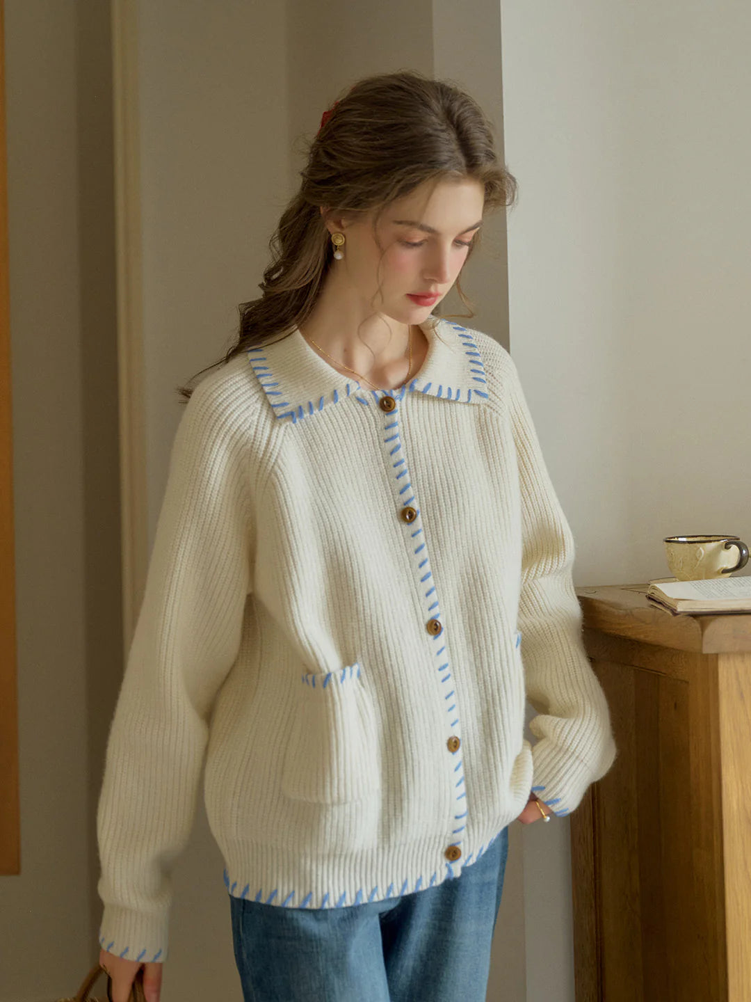 Kahlani Peter Pan Collar Contrasting Embroidered Pocket 100% Wool Cardigan - White