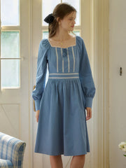 Jazmine Square Collar Trimmed Lace-up Bow Long Sleeve Cotton Dress