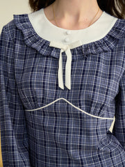 Whitney Round Neck Tie Bow Collision Blue Check Dress