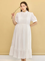 Plus Size Afra White Stand-up Collar Bubble Sleeve Dress