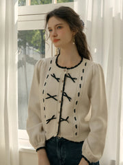 Miranda Round Neck Contrast Bow cardigan