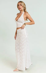 Two Piece Set - Stretch Lace Halter Top and Maxi Skirt in White