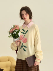 Ayra Round Neck Flower Pattern Elegant Long Sleeve Pullover Jumper