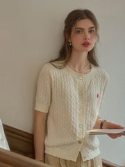 Siena Wave Neck Knit Wool Cardigan - Off White