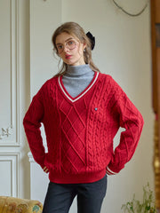 Reese V-Neck Constraing Ribbed Wool Sweater - Red