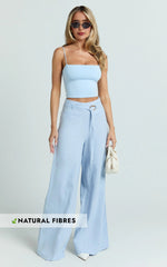 Kyra Pants - Linen Look Belted Wide Leg Pants in Blue