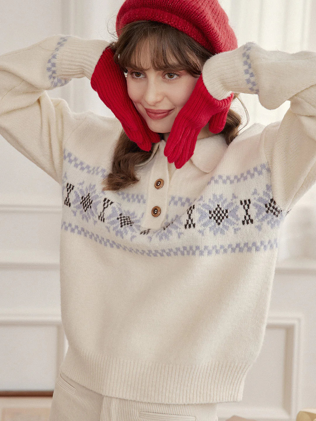 Norah Snowflake Jacquard Polo Fair Isle Knit Sweater