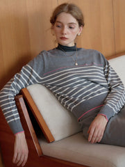Nori Vintage Striped Contrast Crewneck Knit Top-Grey