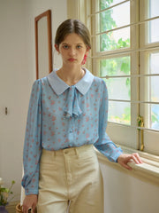 Alexis Long Sleeve Patchwork Peter Pan Collar Embroidery Casual Blouse - Blue