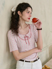 Nadia Round Neck Bow Contrast Rose Floral Print Striped Knit T-shirt