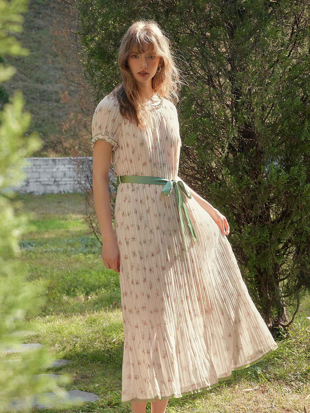 Janelle Round Neck Accordion Pleats Dress