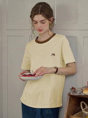Reya Simple Round Neck Contrasting Embroidery Cotton Top - Yellow