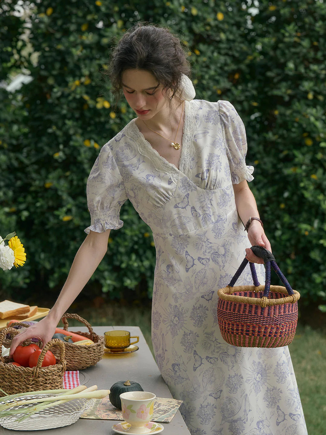 Stormi Charming V-neck Lace Trimmed Floral Print Dress