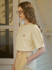 Journey Puppy Applique Round Neck Short Sleeve Casual T-Shirt - Yellow