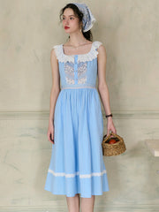 Yamileth Square Collar A-Line Contrasting Floral Sleeveless Cotton Dress