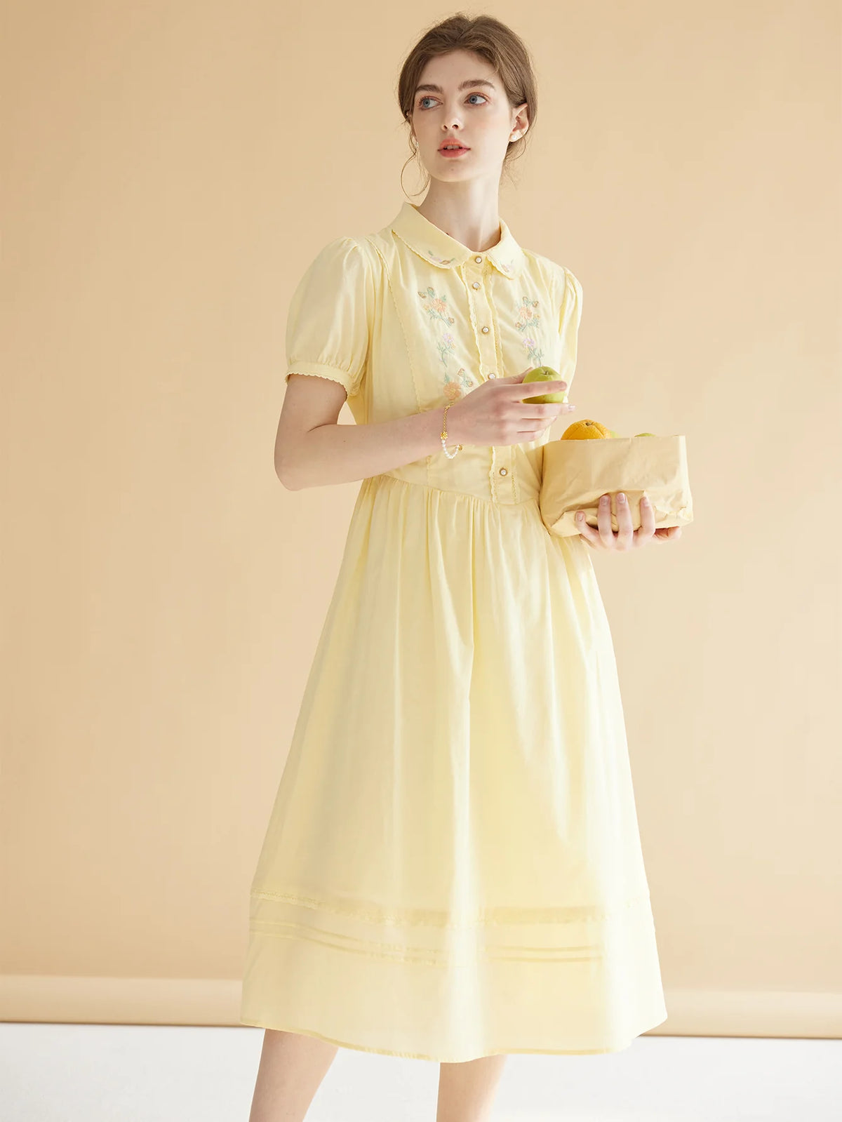 Maryam Floral Embroidery Puff Sleeve Button Front Shirt Dress