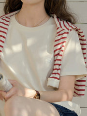 Elise Classic Crew Neck Logo Embroidered Cotton T-shirt