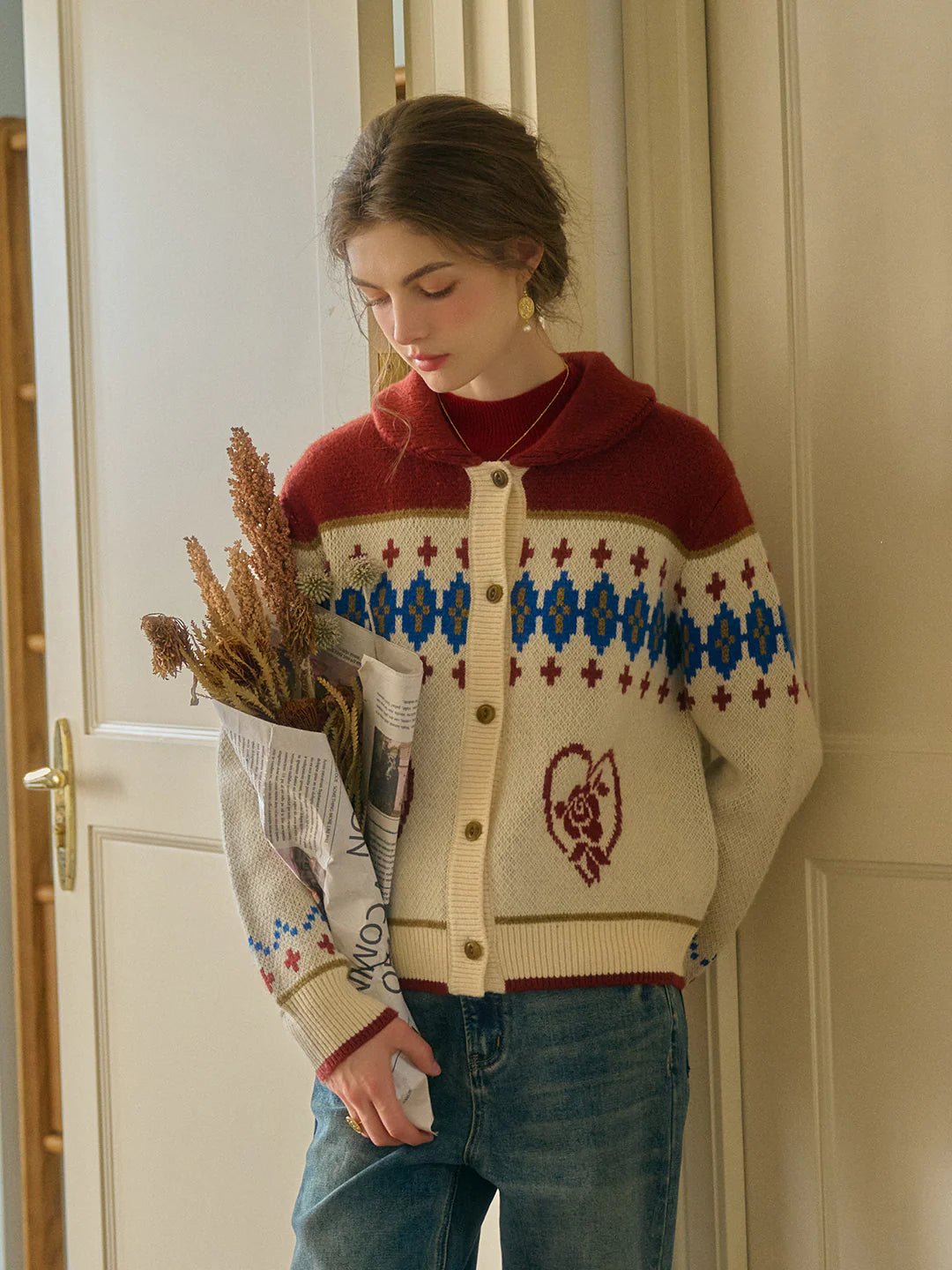 Samira Vintage Lapel SR Exclusive Design Rose Jacquard Fair Isle Cardigan