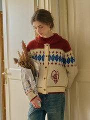 Samira Vintage Lapel SR Exclusive Design Rose Jacquard Fair Isle Cardigan