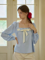 Lilia Square Collar Bow Light Blue Blouse