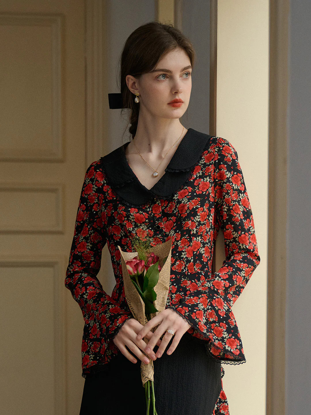Kamiyah Elegant Notched Lapel Contrasting Floral Blouse