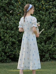 Jane Gypsophila Embroidered Floral V-neck Puff Sleeve Cotton Dress