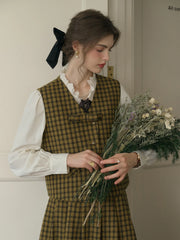 Luz V-neck Slim 3D Bow Black Yellow Plaid Pocket Wool Vest - Yellow