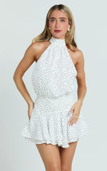 Ivory Mini Backless Halter Dress with Black Polka Dots
