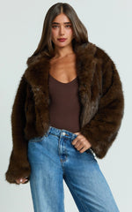 Oversized Crop Faux Fur Coat in Brown