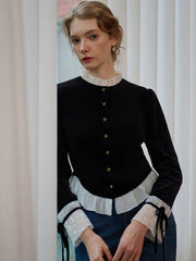 Alice Contrast Lace Ruffle Trim Velvet Blouse