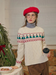 Charlize Fair Isle Ribbed Round Neck Christmas Wool Sweater