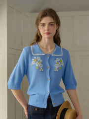 Zoe Wavy Collar Embroidery Knit Blouse