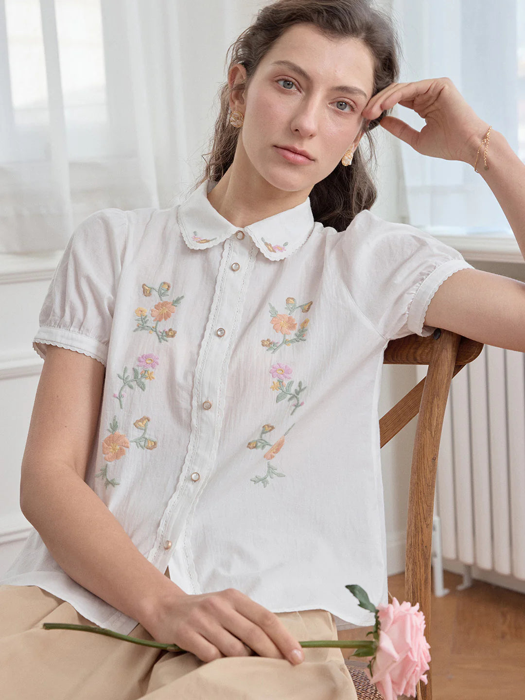 Penelope Peter Pan Collar Embroidery 100% Cotton Blouse