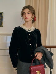 Azaria Round Collar Contrasting Lace Panel Bow Velvet Top - Black