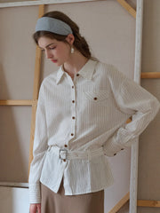 Mckenna Lapel Stripes Belt Linen Shirt