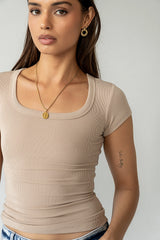 Freya Ribbed Top in Tan