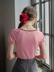 Ayra Round Neck Tie-Dye Short Sleeve Knit T-Shirt With Shoulder Insert - Pink