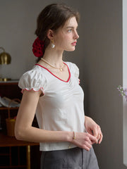 Julieta Contrast Color Round Neck Puff Sleeve T-shirt