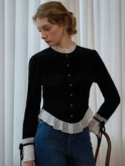 Alice Contrast Lace Ruffle Trim Velvet Blouse