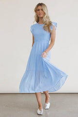 Cara Smocked Midi Dress in Blue