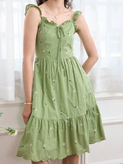 Azaria Ditsy Floral Embroidery Ruffle Cotton Dress