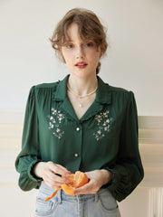 Convallaria Floral Embroidered Green Puff Top