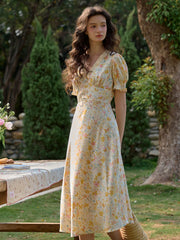 Stormi Charming V-neck Lace Trimmed Floral Print Dress