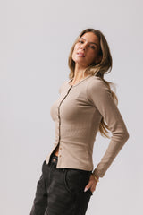 Mia Button Up Top in Taupe