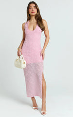 Pink Jacquard Plunge Bodycon Midi Dress