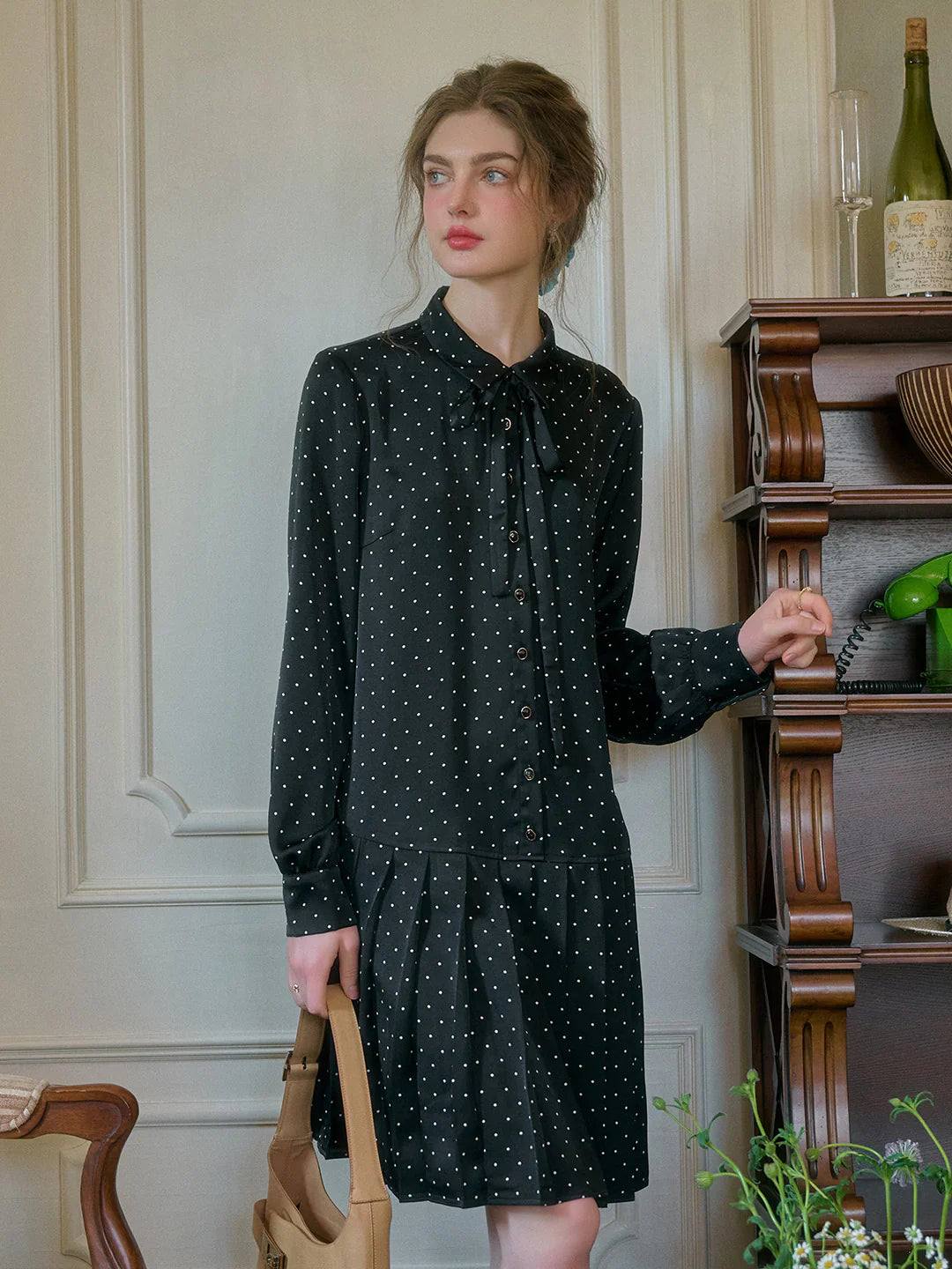 Violet Lapel Dots Pleated Dress