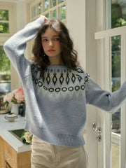 Natasha Round Neck Embroidery Colour Clash Pullover Sweater