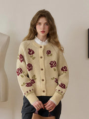 Katie Round Neck Jacquard Wool Cardigan