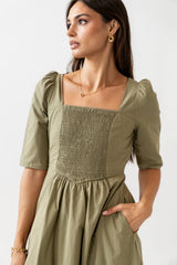 Paisley Smocked Midi Dress in Sage